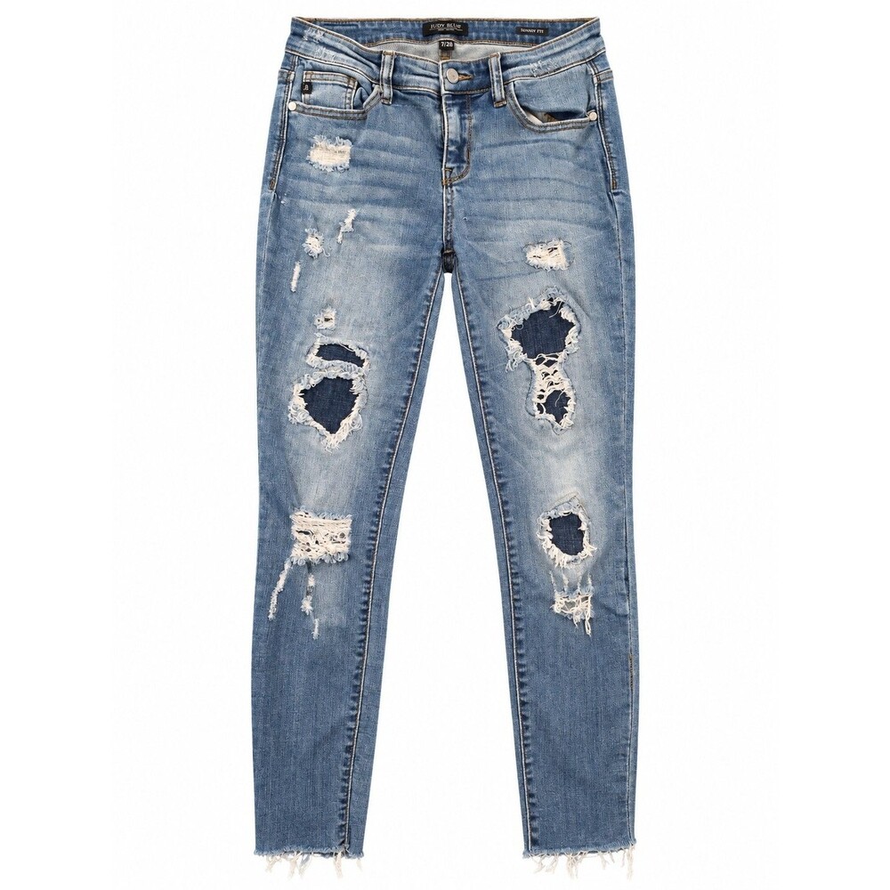 Judy Blue Womens 7/28 Distressed Skinny Jeans Patched Ripped Denim Raw Hem